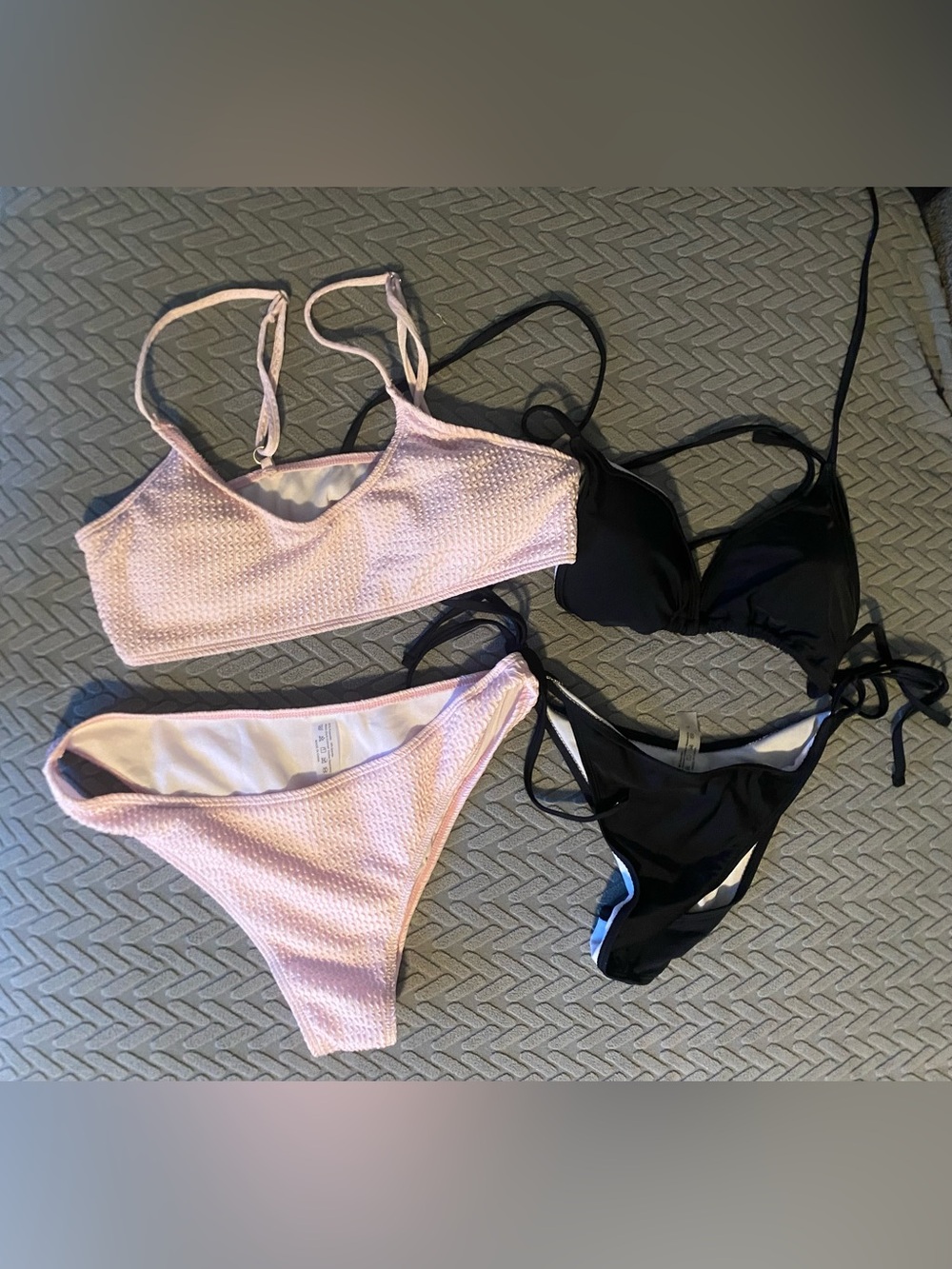 SHEIN Pink Textured Bikini Set with Black Triangle Bikini